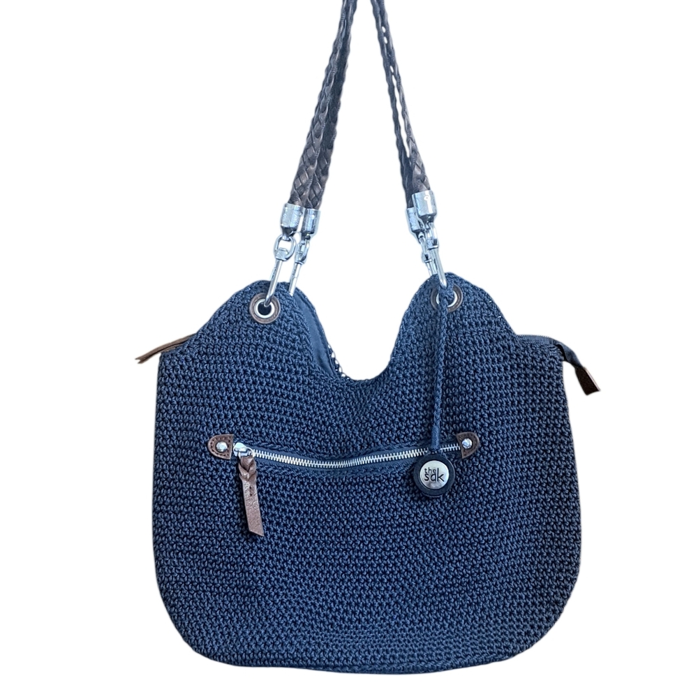The Sak Knit Handbag Purse Navy Blue Double Strap 15.5 X 9.5" - Picture 3 of 11